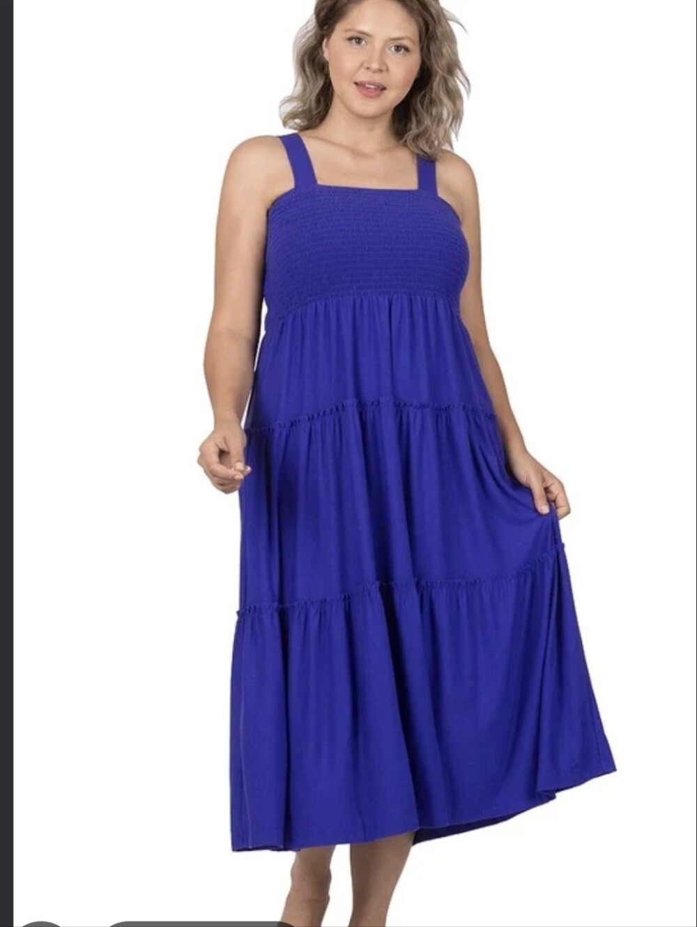 EUC ZENANA SMOCKED TIERED MIDI DRESS